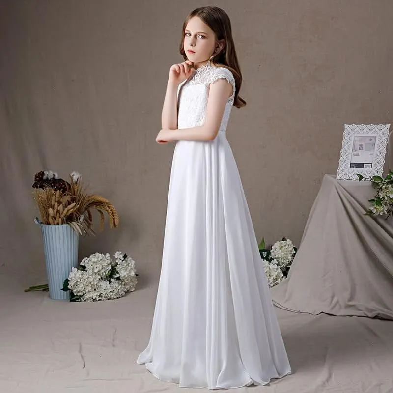 Elegant Lace Princess Dress White High-Waist Long Dress for Girls A Pure and Elegant Dress for Little Girls