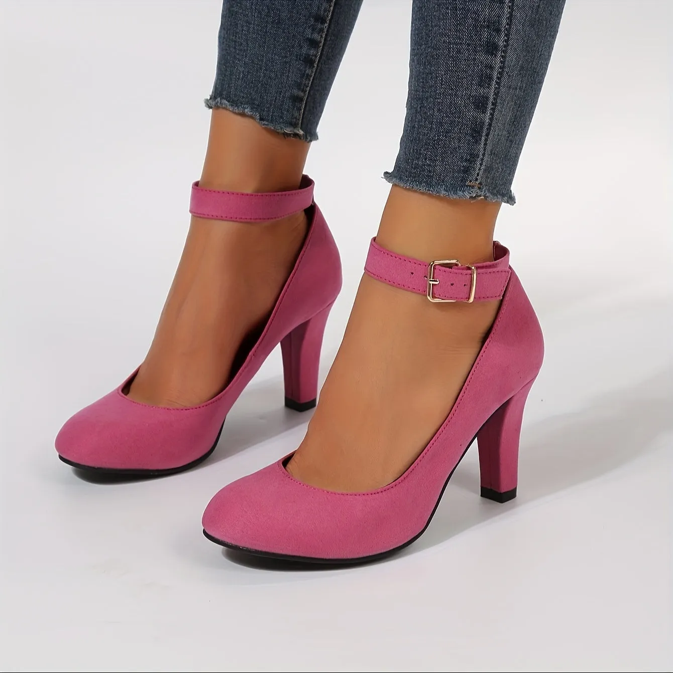 Elegant Women's Block Heels - Solid Color Dress Pumps with Fashion Buckle Strap, Chic and Comfortable High Heel Shoes for Special Occasions