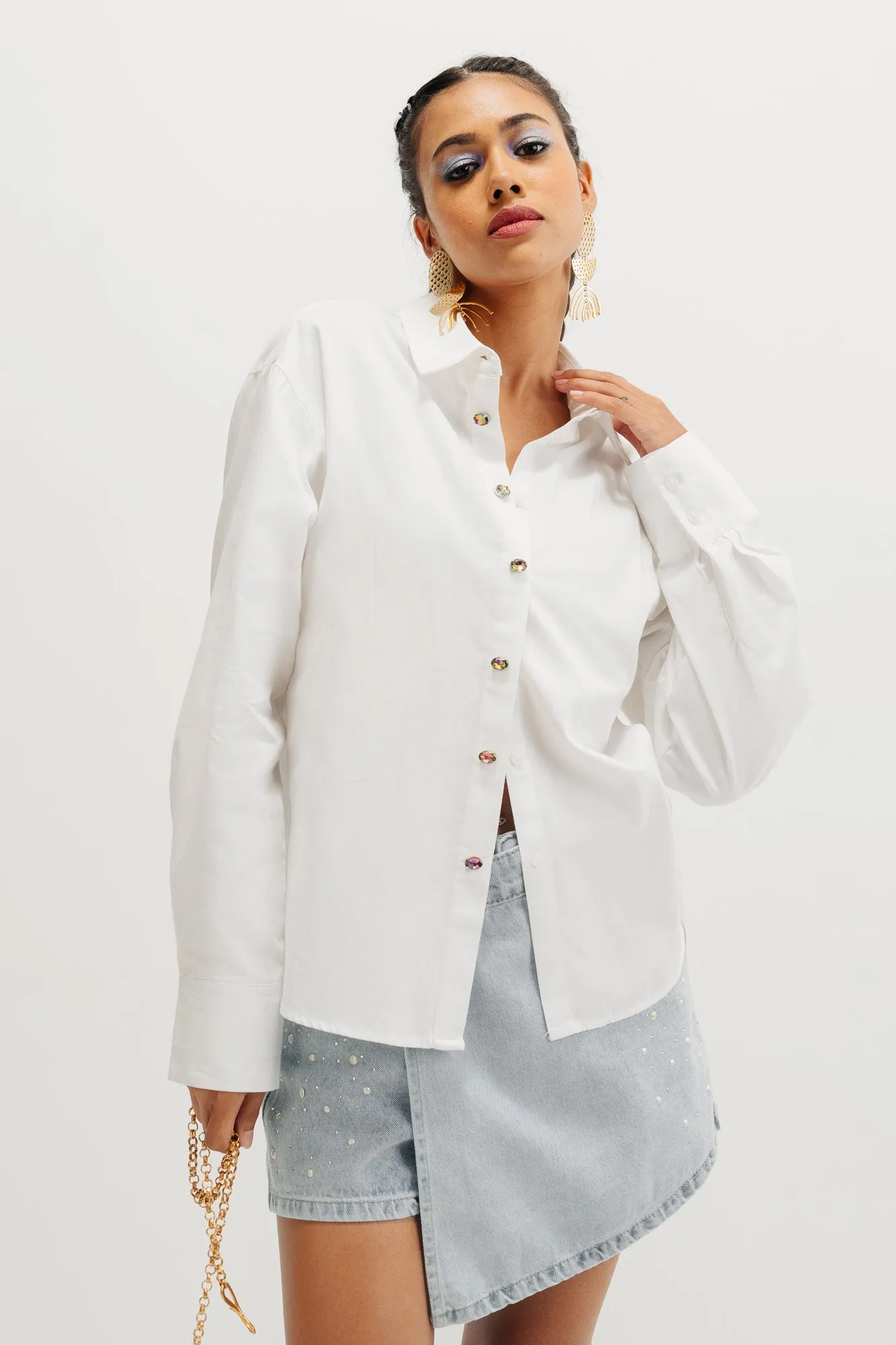 Embellised Button White Shirt