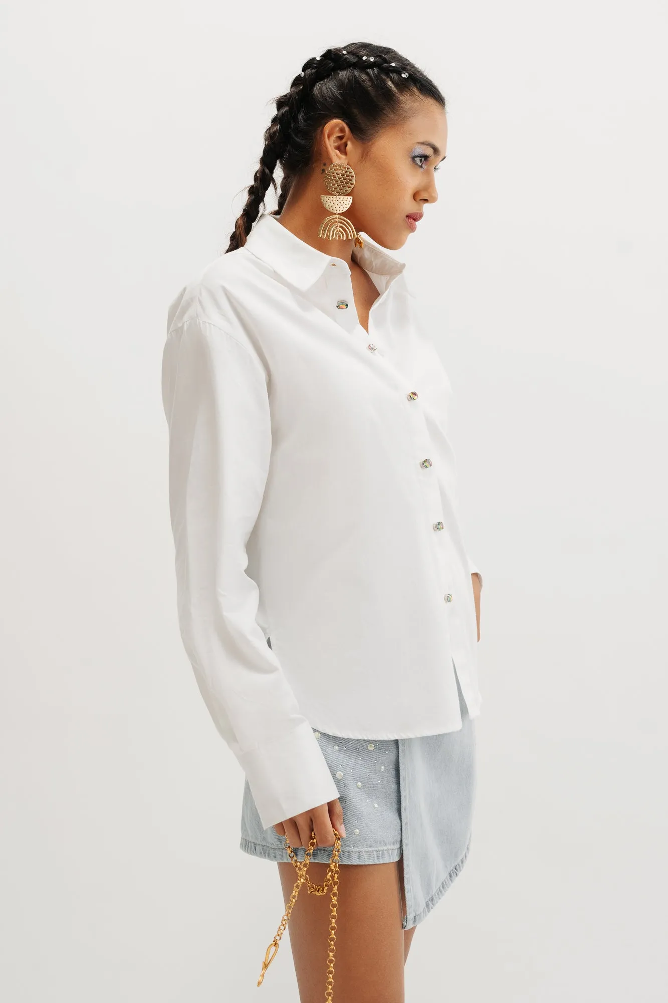 Embellised Button White Shirt