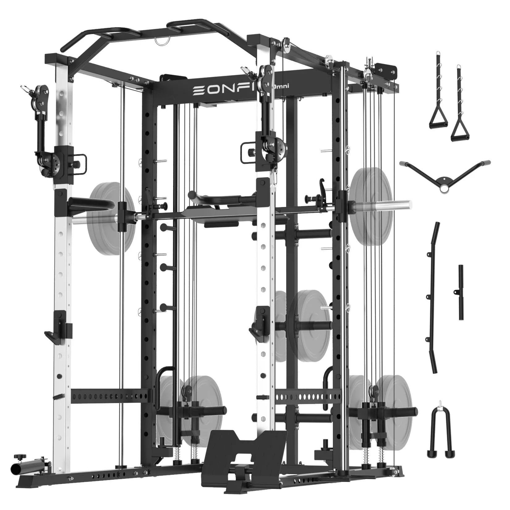 EonfitOmni® E5 Multi-Function Smith Machine with 360° Adjustable Free-Motion Arms Cable Crossover System and Squat Rack for Home Gym