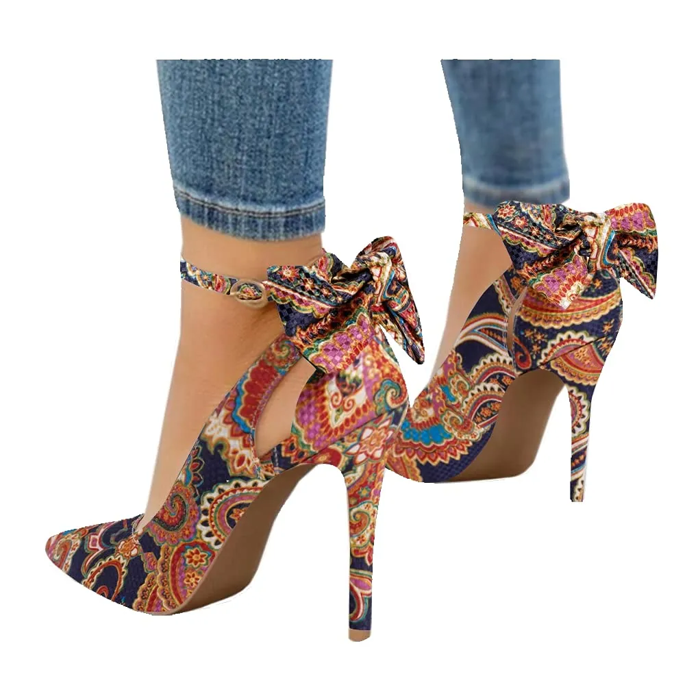 Fashare Womens High Heels Bow Tie Back Sexy Stiletto Ankle Strap Wedding Dress Pumps Shoes (A-Multicolor, Numeric_7)
