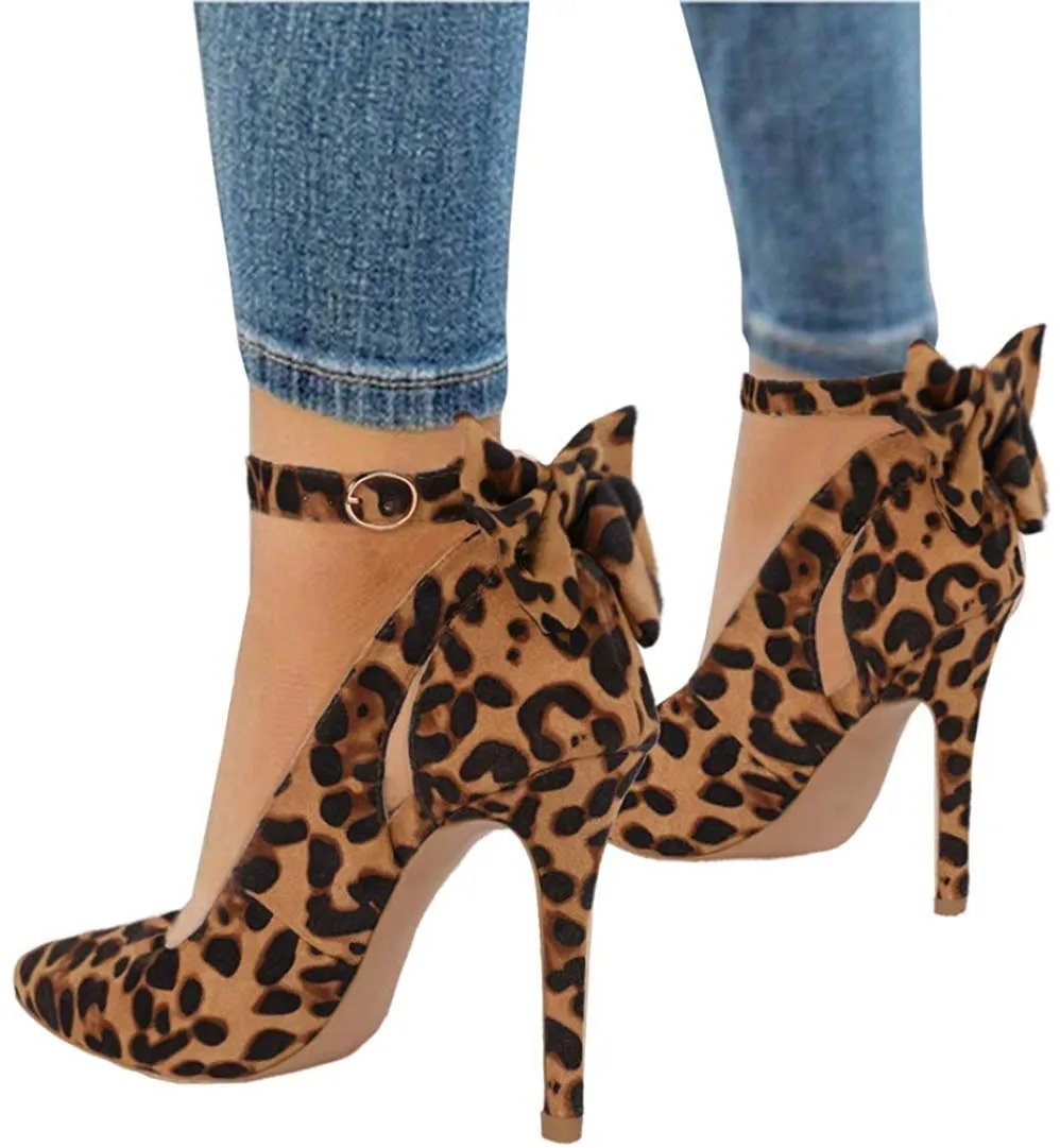 Fashare Womens High Heels Bow Tie Back Sexy Stiletto Ankle Strap Wedding Dress Pumps Shoes, Leopard, Size 6