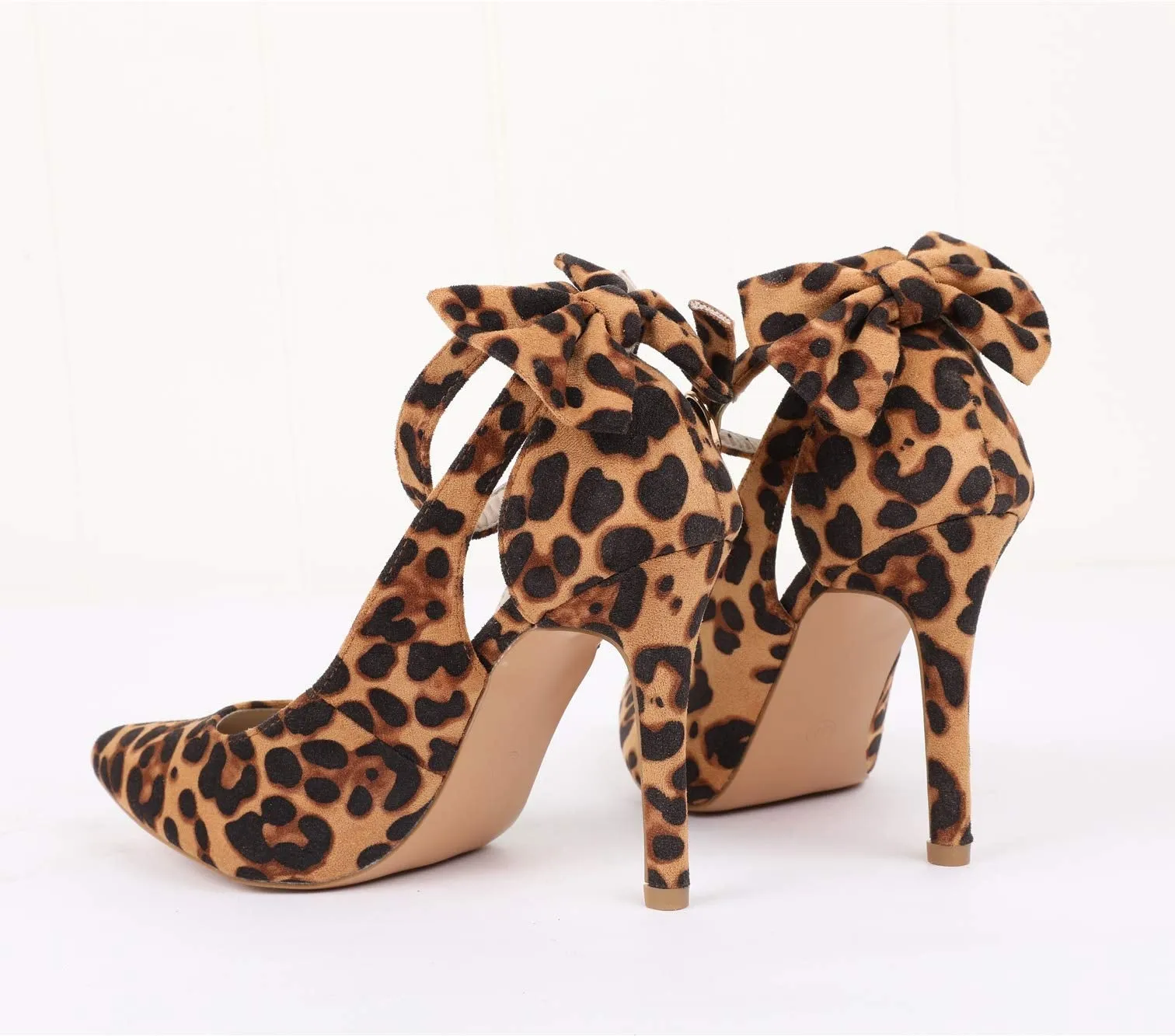 Fashare Womens High Heels Bow Tie Back Sexy Stiletto Ankle Strap Wedding Dress Pumps Shoes, Leopard, Size 6