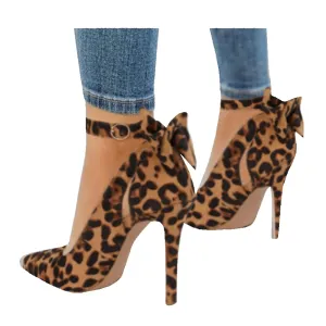 Fashare Womens High Heels Bow Tie Back Sexy Stiletto Ankle Strap Wedding Dress Pumps Shoes, Leopard, Size 6