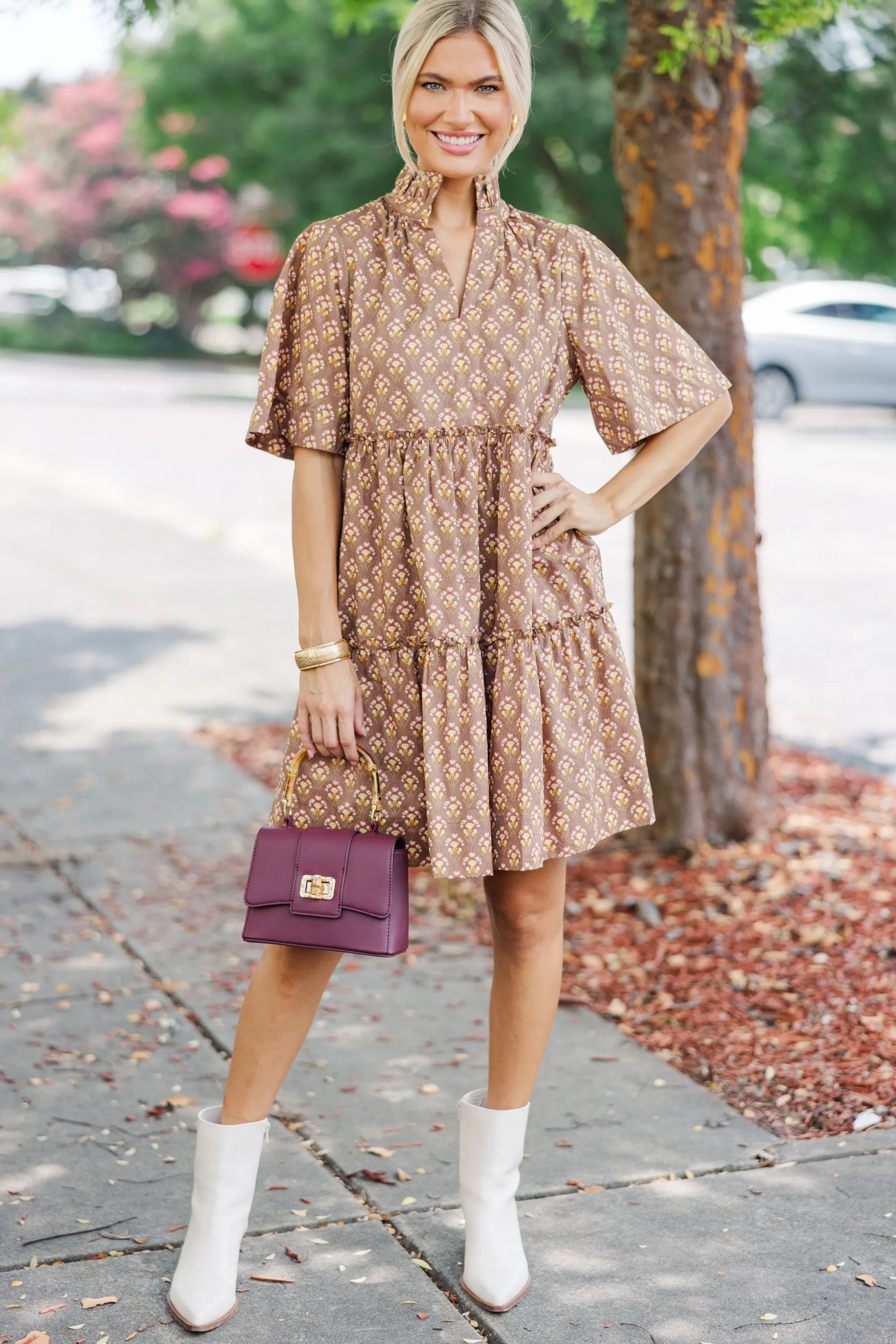 Feeling Your Best Brown Medallion Dress