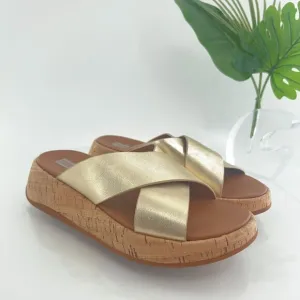Fitflop Women F-Mode Sandal Sz 7.5 Gold Metallic Slide Flip Flop Flat Comfy Shoe