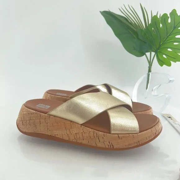 Fitflop Women F-Mode Sandal Sz 7.5 Gold Metallic Slide Flip Flop Flat Comfy Shoe