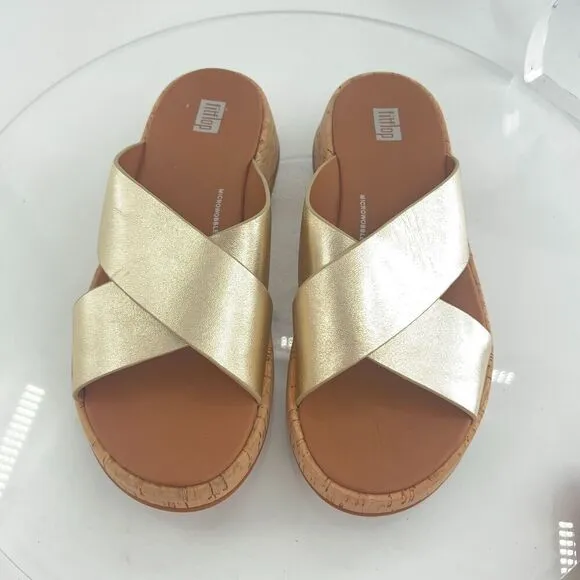 Fitflop Women F-Mode Sandal Sz 7.5 Gold Metallic Slide Flip Flop Flat Comfy Shoe