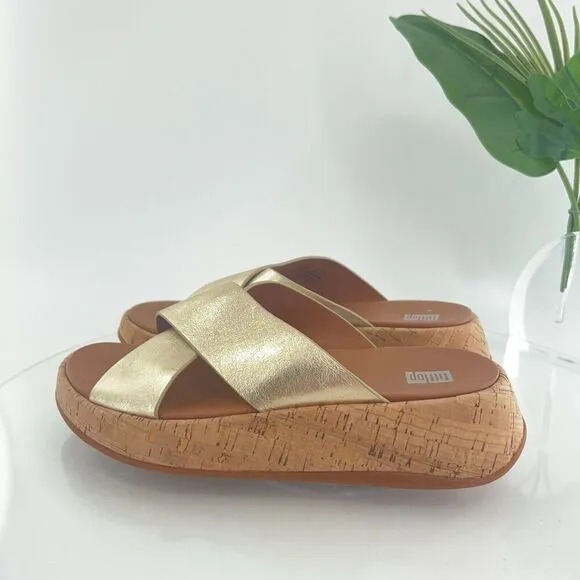 Fitflop Women F-Mode Sandal Sz 7.5 Gold Metallic Slide Flip Flop Flat Comfy Shoe