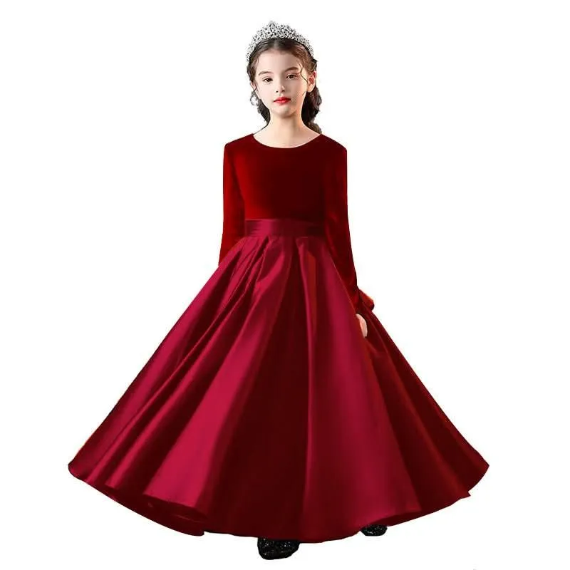 Girls gold velvet long-sleeved princess dress carnival banquet host elegant evening dress