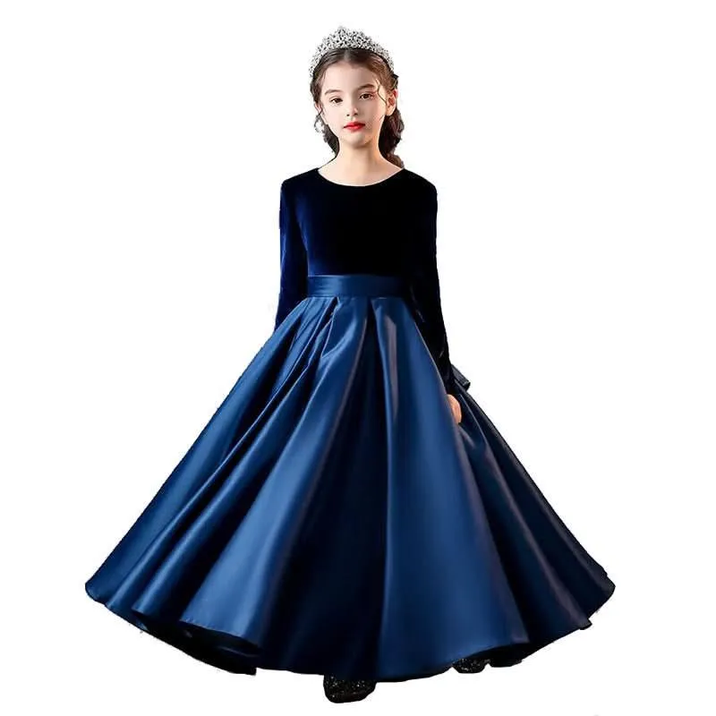 Girls gold velvet long-sleeved princess dress carnival banquet host elegant evening dress