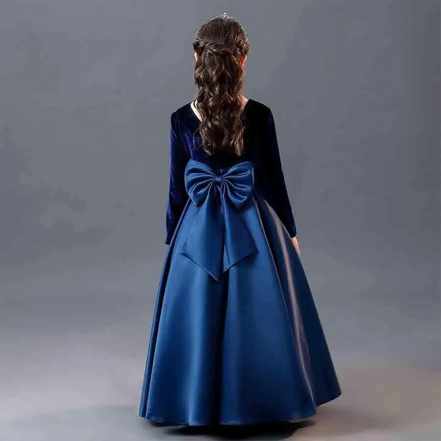 Girls gold velvet long-sleeved princess dress carnival banquet host elegant evening dress