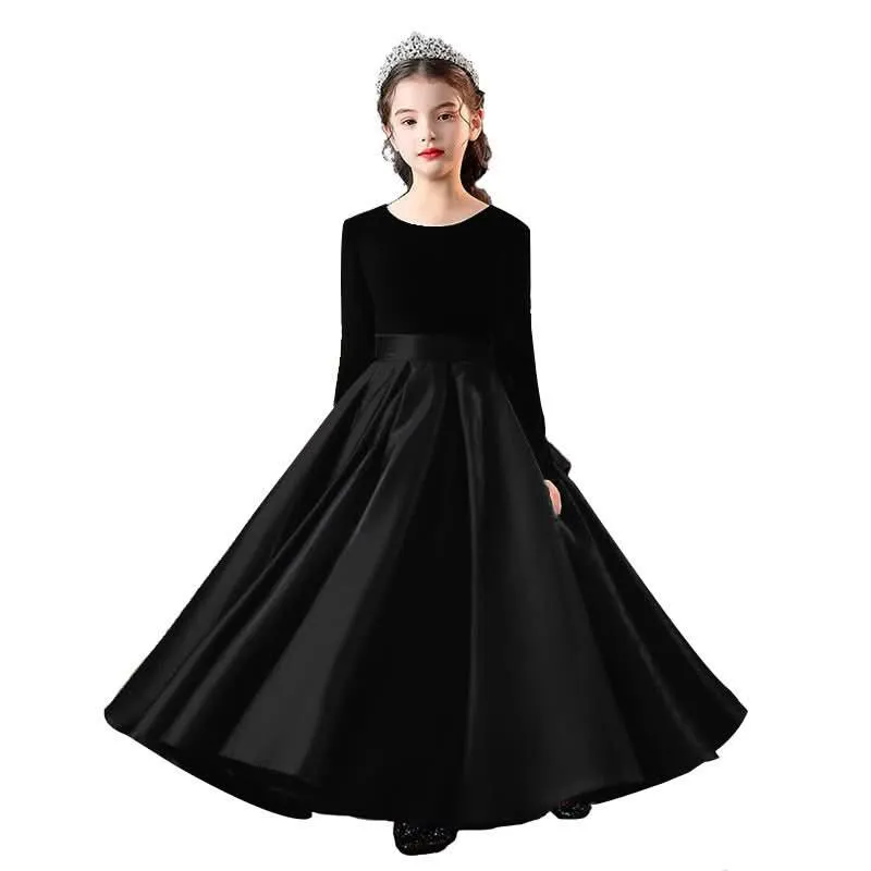 Girls gold velvet long-sleeved princess dress carnival banquet host elegant evening dress