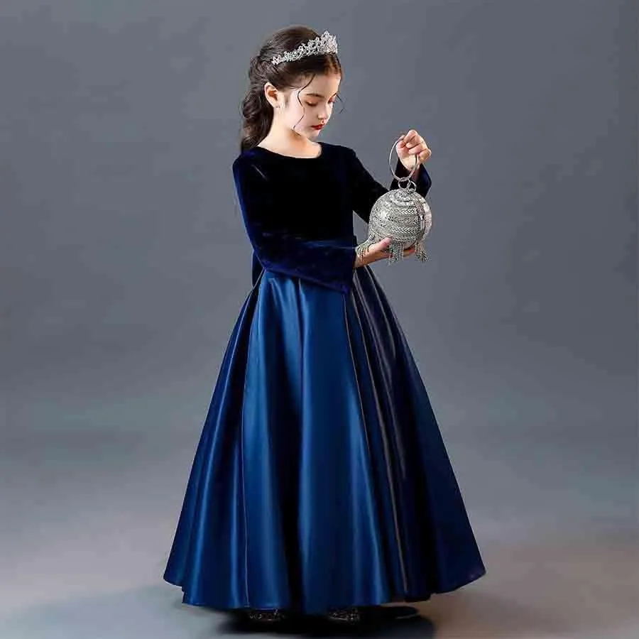 Girls gold velvet long-sleeved princess dress carnival banquet host elegant evening dress