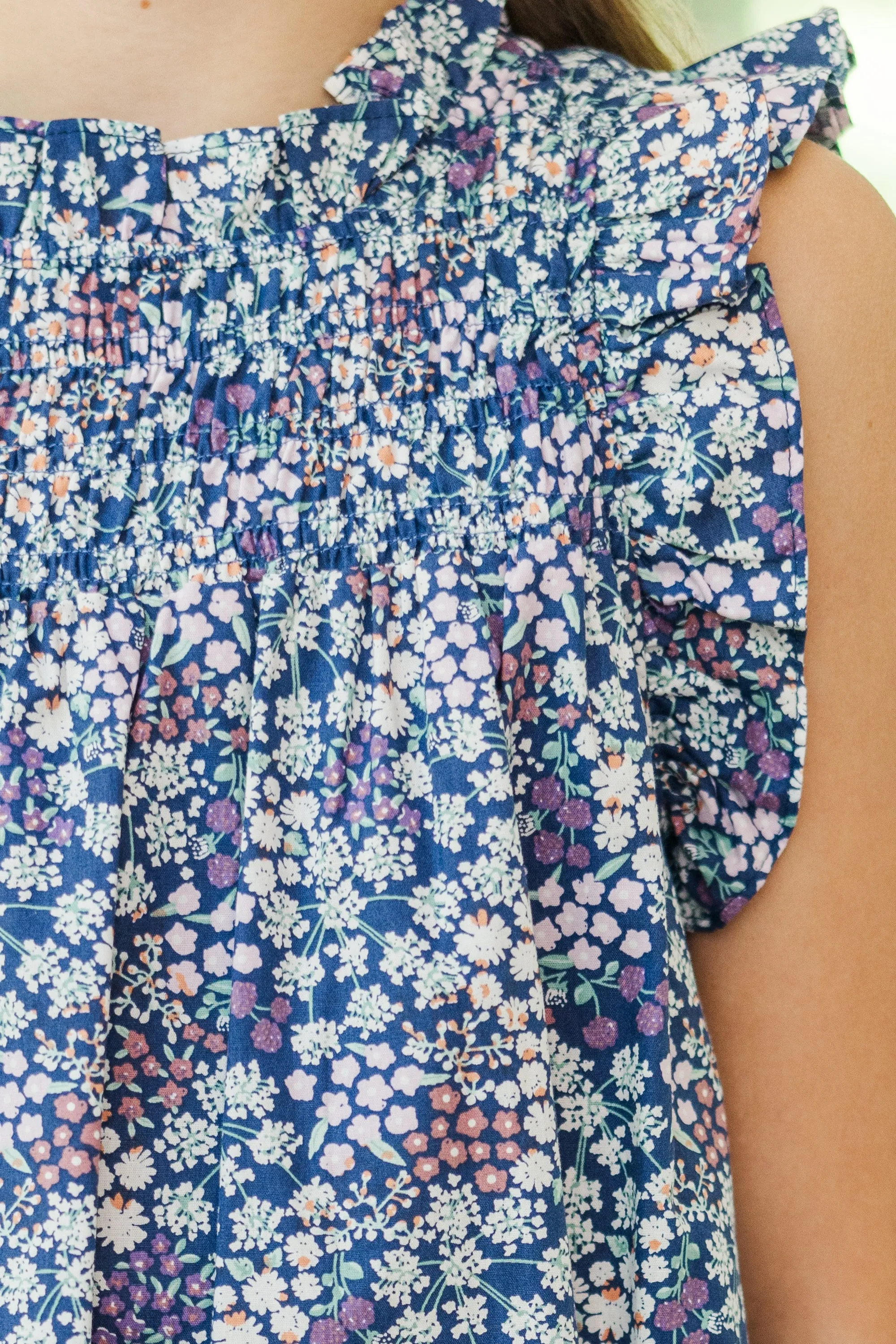Girls: Longing For Fun Navy Blue Floral Ruffled Dress