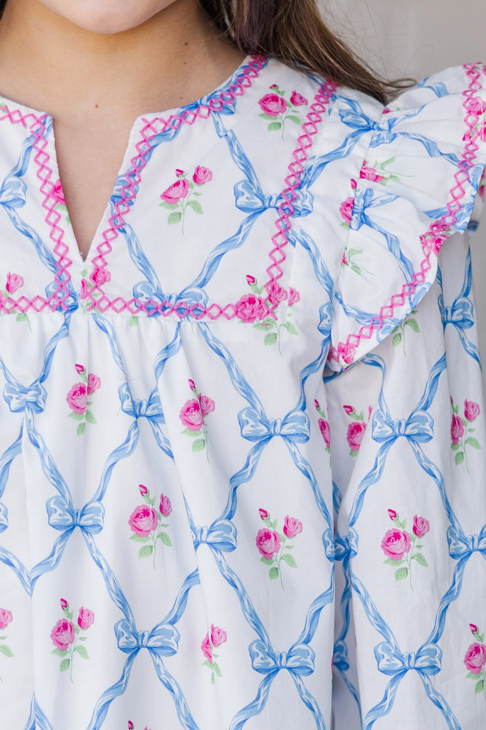 Girls: See It Through Light Blue Bow Print Babydoll Dress