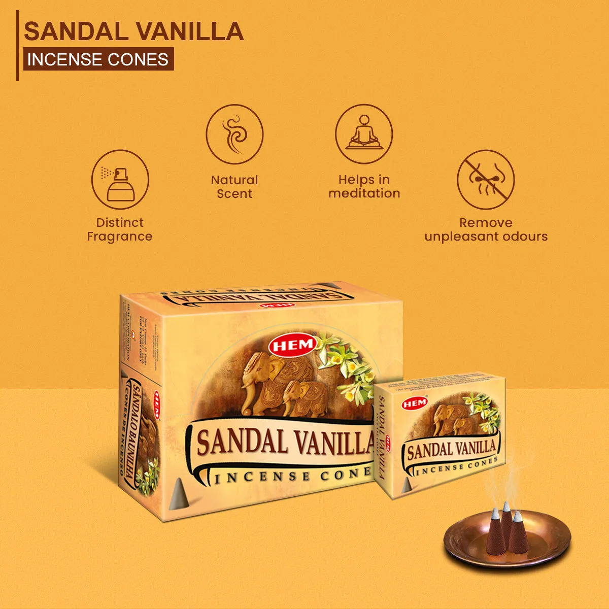 HEM Sandal Vanilla Dhoop Cones - Pack of 12 (10 Cones Each)