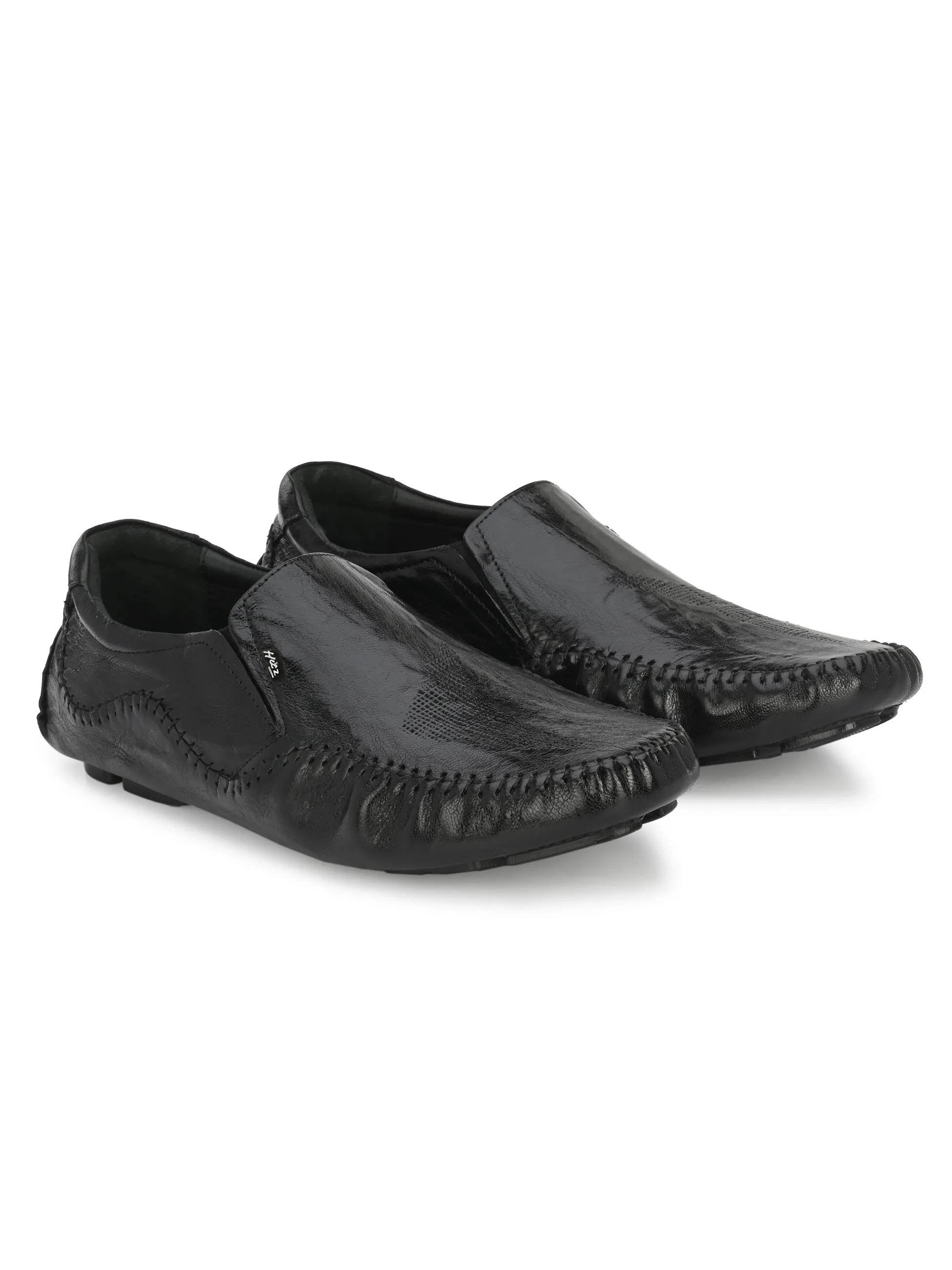 Hitz Men's Black Leather Slip On Loafer Shoes