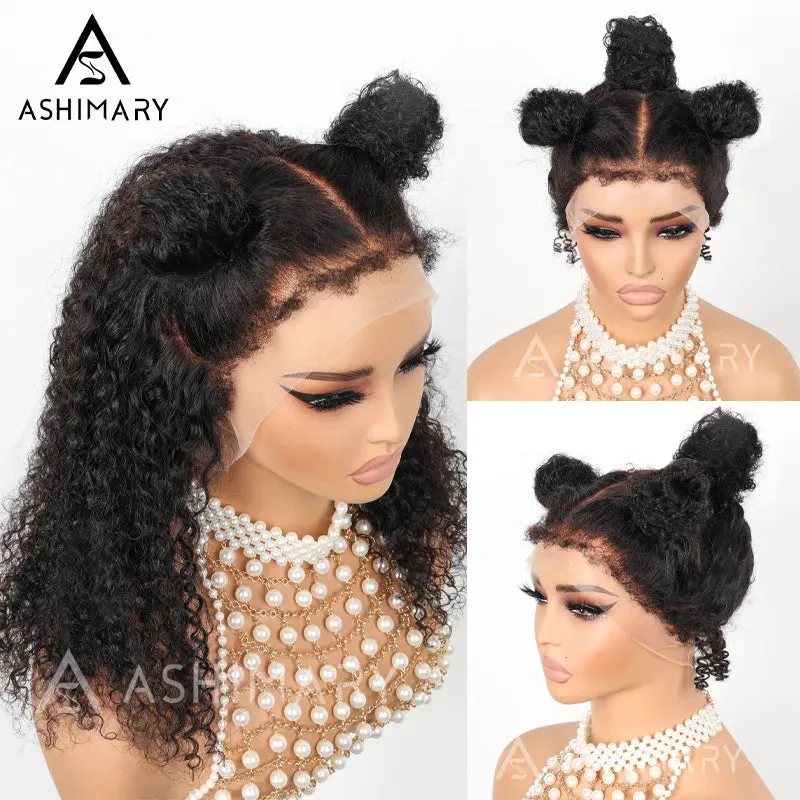 Kinky Curly 4C Edges Invisi Strap Laid Flat 360 Transparent Lace Wig Pre Bleached Knots with Curly Baby Hair All Around