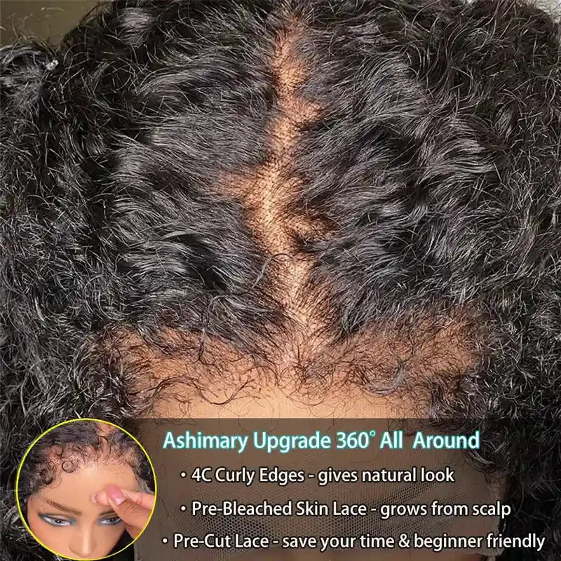 Kinky Curly 4C Edges Invisi Strap Laid Flat 360 Transparent Lace Wig Pre Bleached Knots with Curly Baby Hair All Around