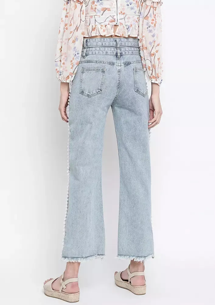 Light Blue Washed Pearl Detail Wide Leg Jeans