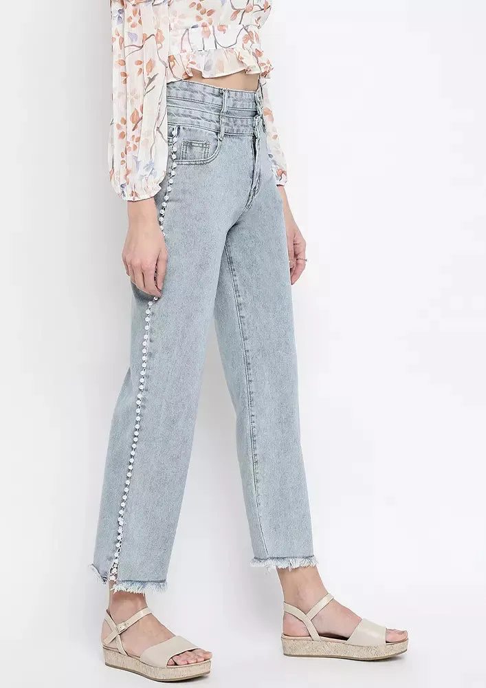 Light Blue Washed Pearl Detail Wide Leg Jeans