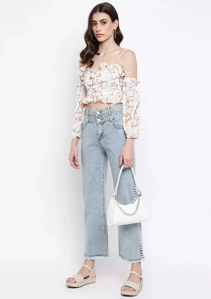 Light Blue Washed Pearl Detail Wide Leg Jeans