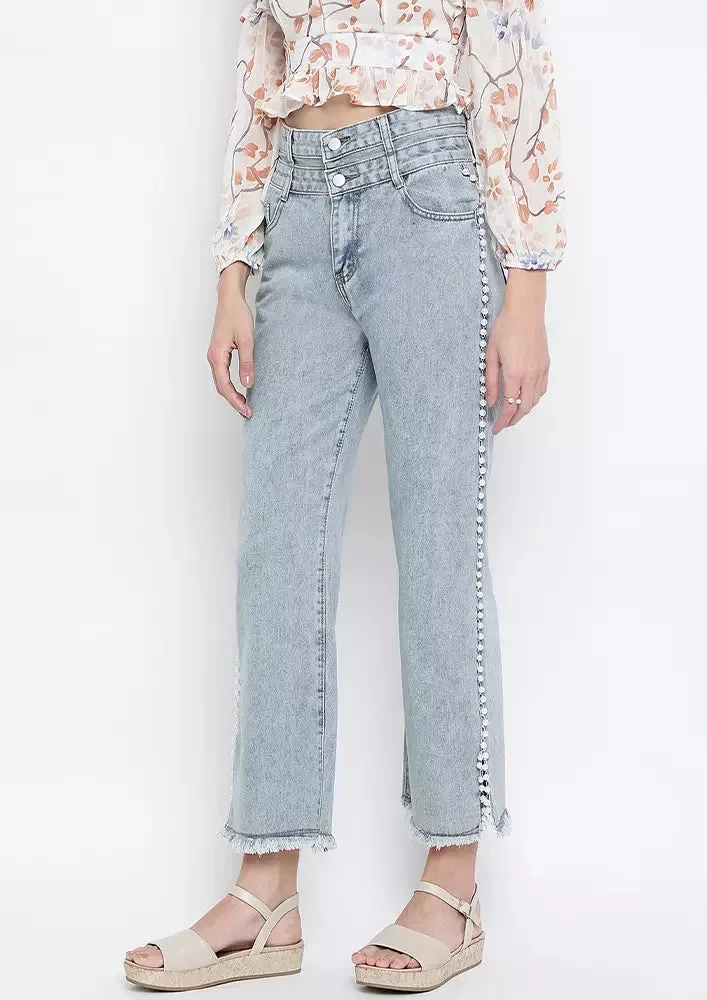 Light Blue Washed Pearl Detail Wide Leg Jeans