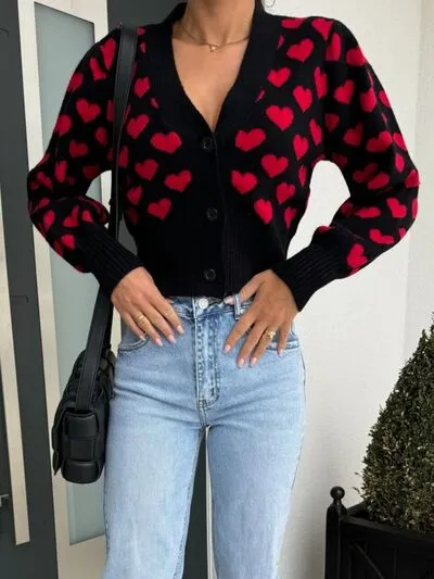 LoveStruck Heart V-Neck Cropped Cardigan