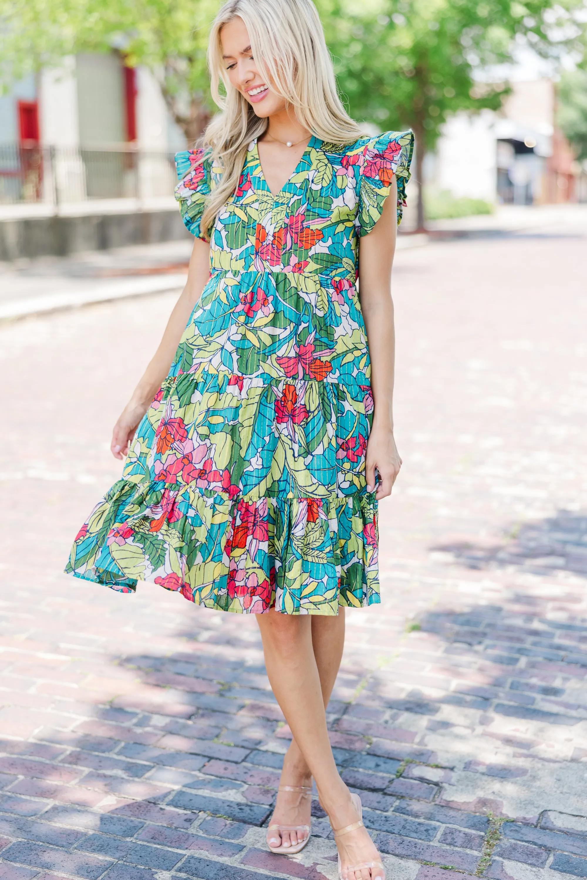 Make It Your Own Green Tropical Tiered Dress
