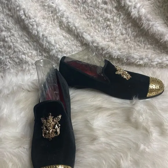 Meijiana Black Velvet Men's Slip-On Red Penny Loafer with gold tone accents SZ12