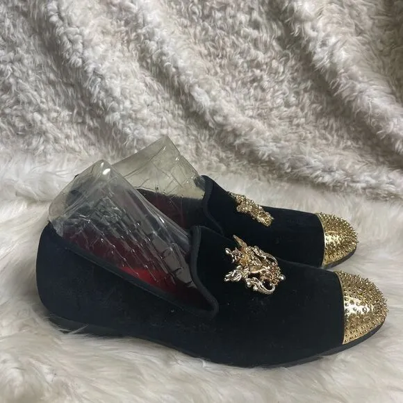 Meijiana Black Velvet Men's Slip-On Red Penny Loafer with gold tone accents SZ12