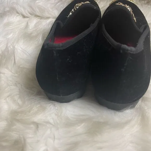 Meijiana Black Velvet Men's Slip-On Red Penny Loafer with gold tone accents SZ12