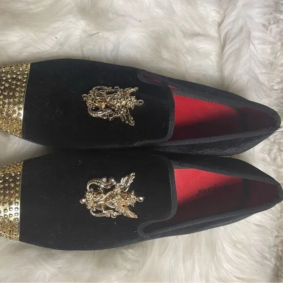 Meijiana Black Velvet Men's Slip-On Red Penny Loafer with gold tone accents SZ12