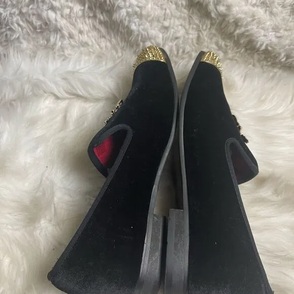 Meijiana Black Velvet Men's Slip-On Red Penny Loafer with gold tone accents SZ12