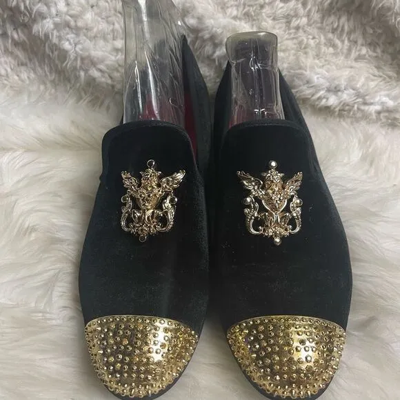 Meijiana Black Velvet Men's Slip-On Red Penny Loafer with gold tone accents SZ12