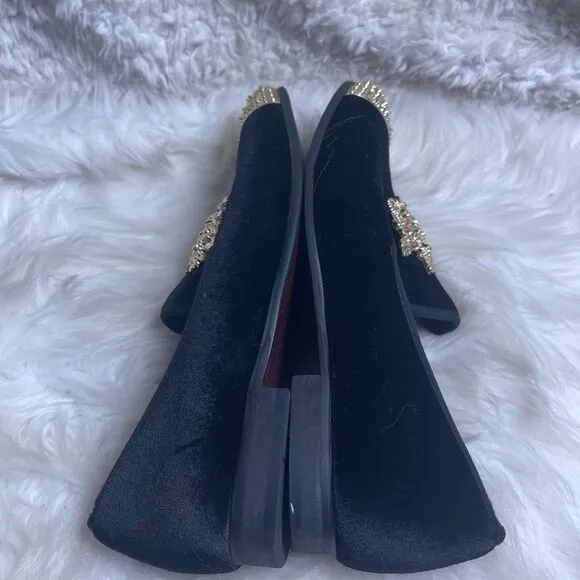 Meijiana Black Velvet Men's Slip-On Red Penny Loafer with gold tone accents SZ12