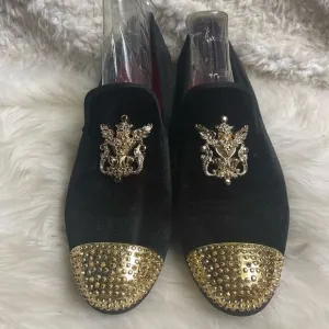 Meijiana Black Velvet Men's Slip-On Red Penny Loafer with gold tone accents SZ12