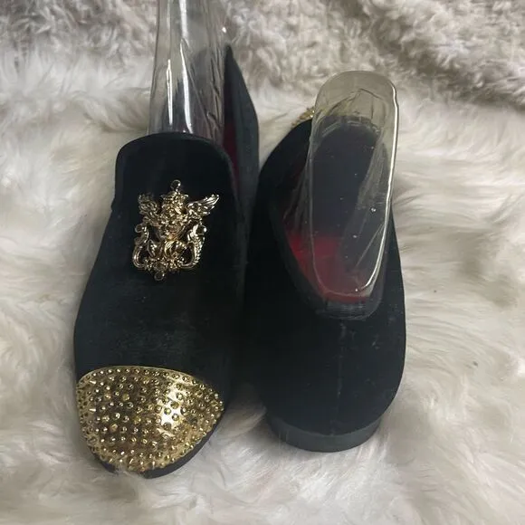Meijiana Black Velvet Men's Slip-On Red Penny Loafer with gold tone accents SZ12