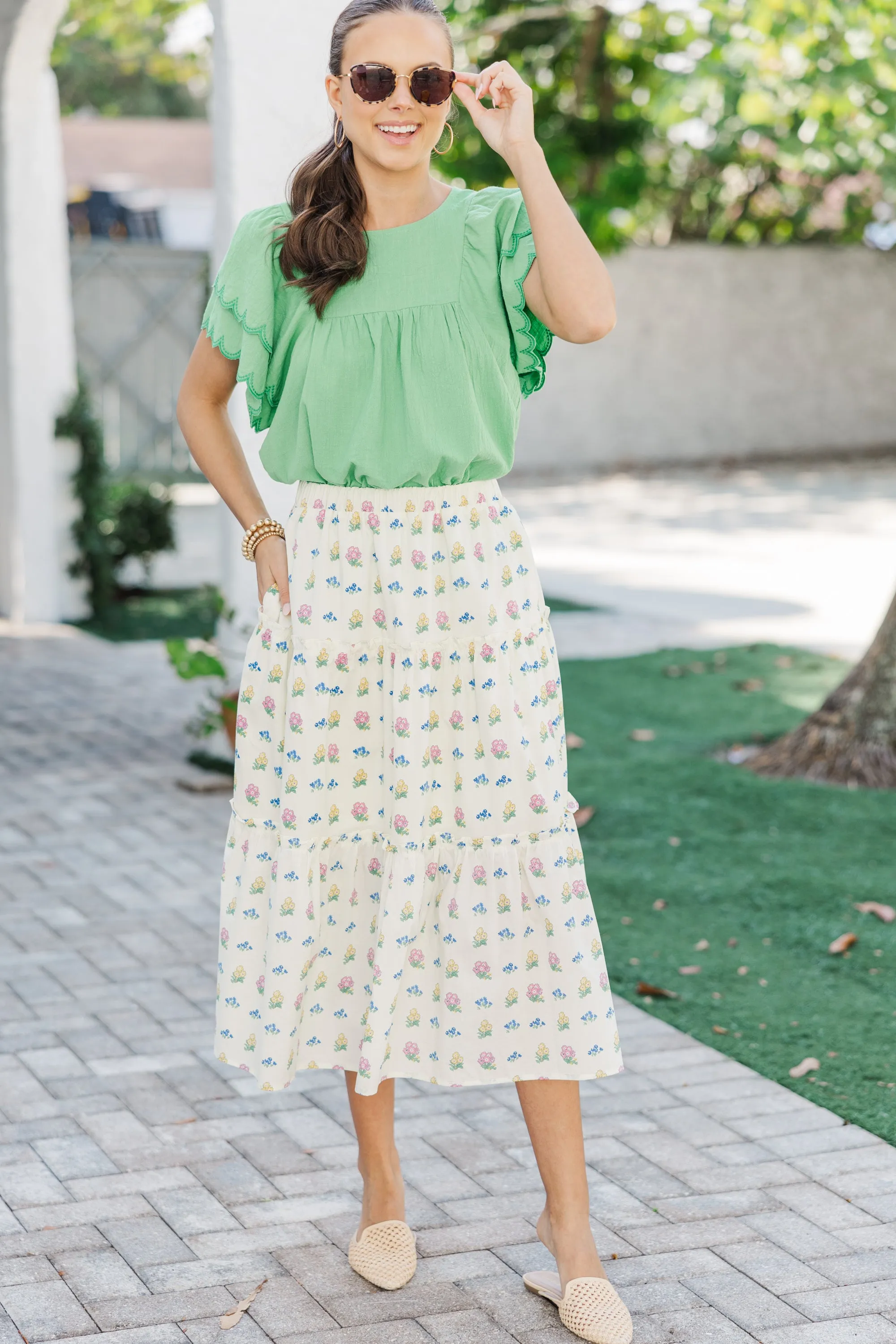Morning Muse Cream Floral Midi Skirt