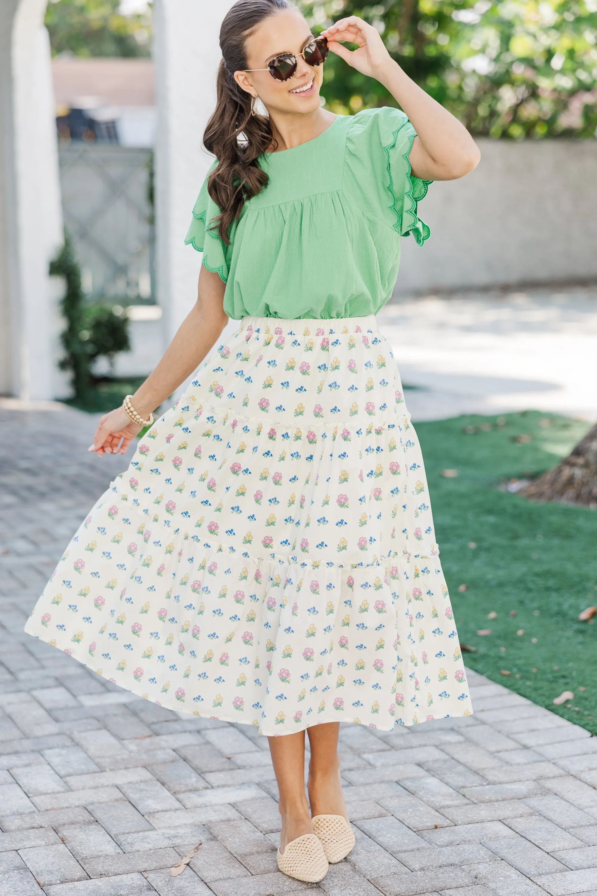 Morning Muse Cream Floral Midi Skirt