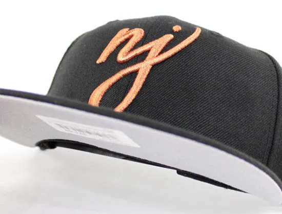 NJ Script New Era 9Fifty Snapback hat (Air Foamposite Metallic Copper Gray Under Brim)
