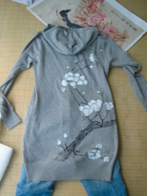 plum blossom long hoodie cardi :: handpainted