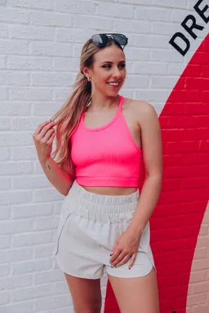 Ribbed Racerback Cropped Tank - Neon Coral