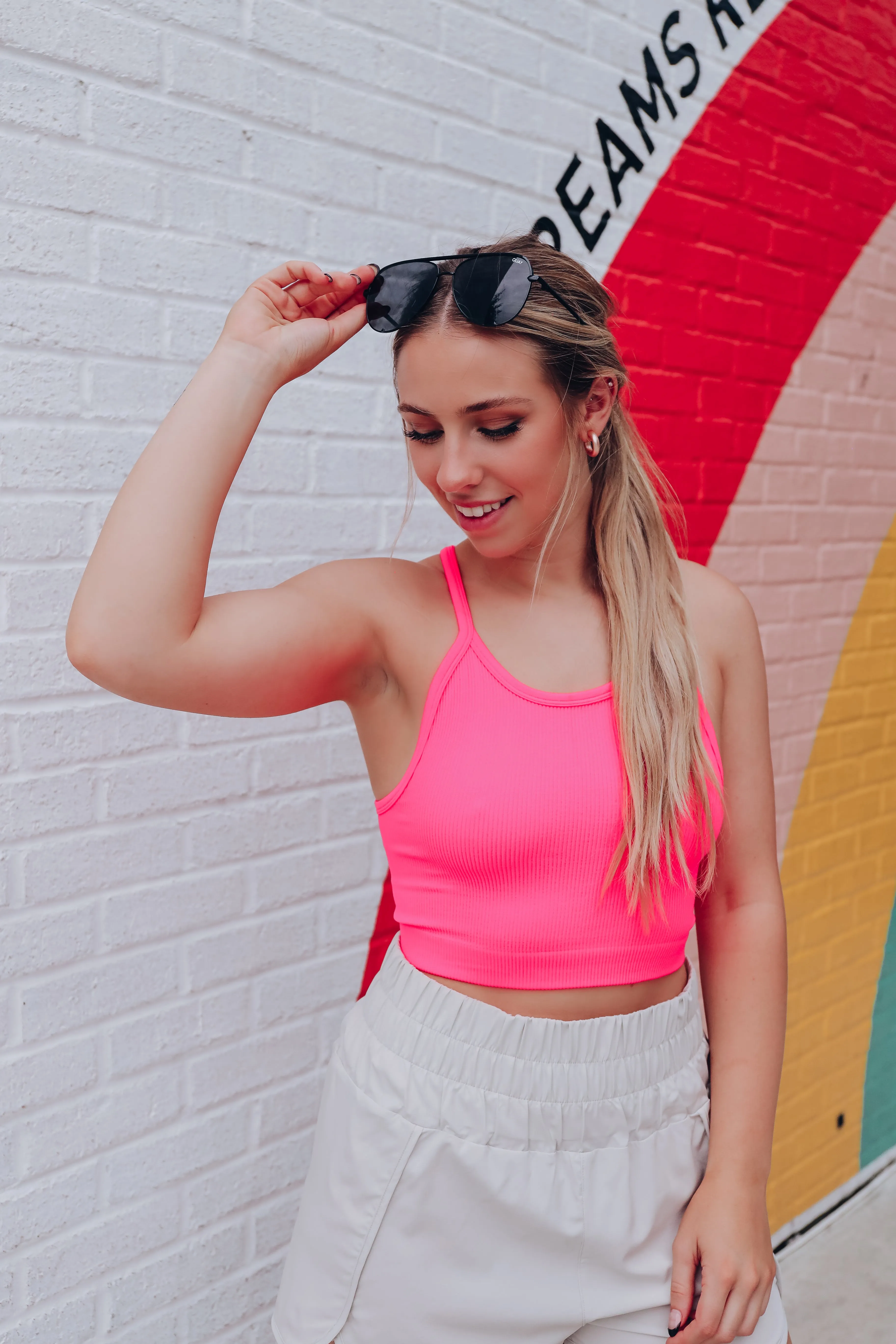 Ribbed Racerback Cropped Tank - Neon Coral