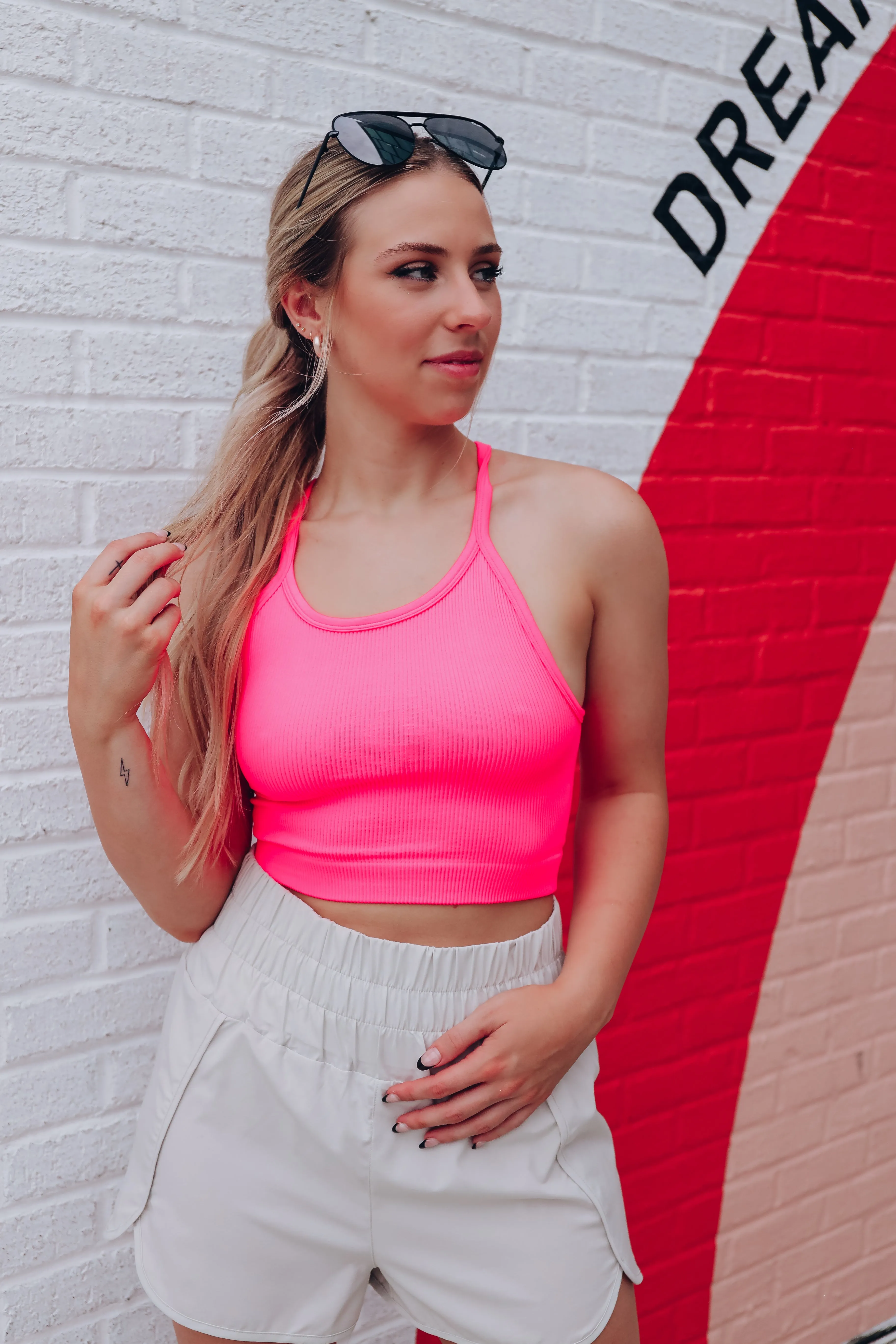 Ribbed Racerback Cropped Tank - Neon Coral
