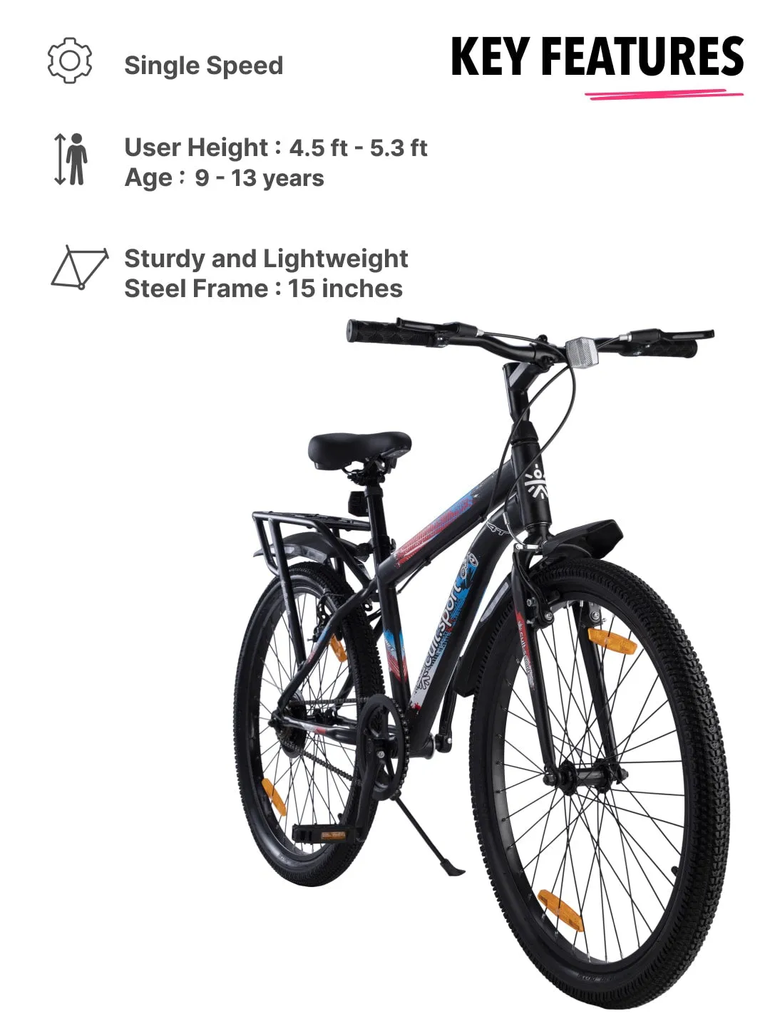 ROKKIBC24Black Steel Single Speed 24 inch Mountain Cycle With Single Wall Rim and Rigid Fork, Free Trainer Sessions, Cycling Event