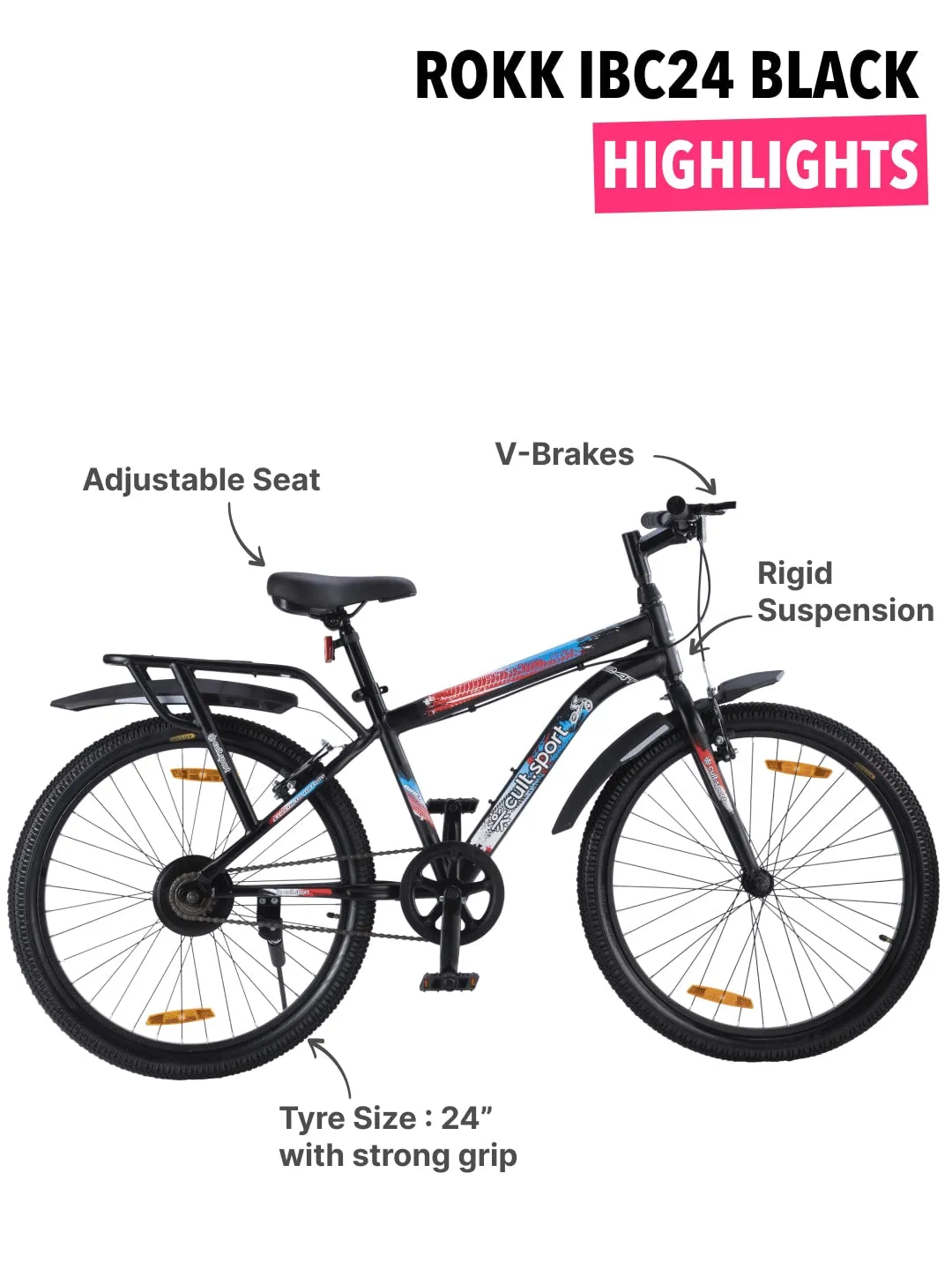 ROKKIBC24Black Steel Single Speed 24 inch Mountain Cycle With Single Wall Rim and Rigid Fork, Free Trainer Sessions, Cycling Event