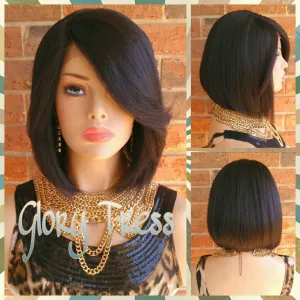 Short & Sassy Bob Lace Front Wig, Yaki Straight Bob Wig, Dark Brown Bob Wig, Natural Yaki Texture // GREAT (Free Shipping)